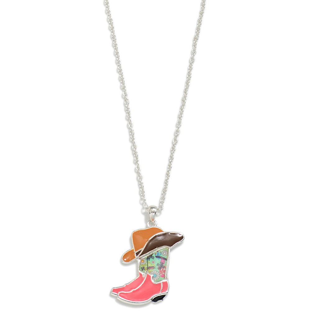 Chain Link Necklace Featuring Enamel and Resin Inlay Cowboy Boots and Hat Pendant