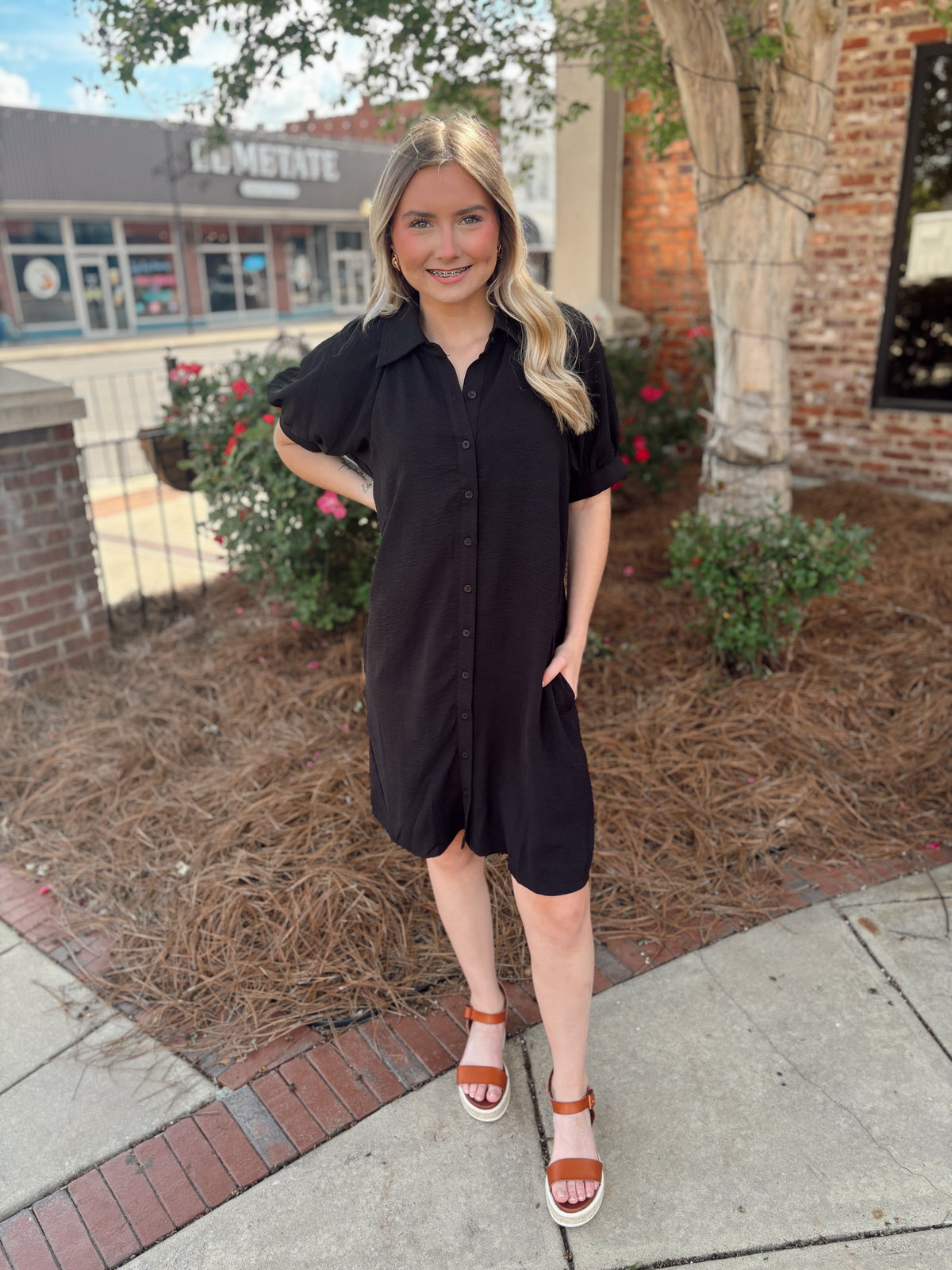 Black Woven Button Down Mini Dress
