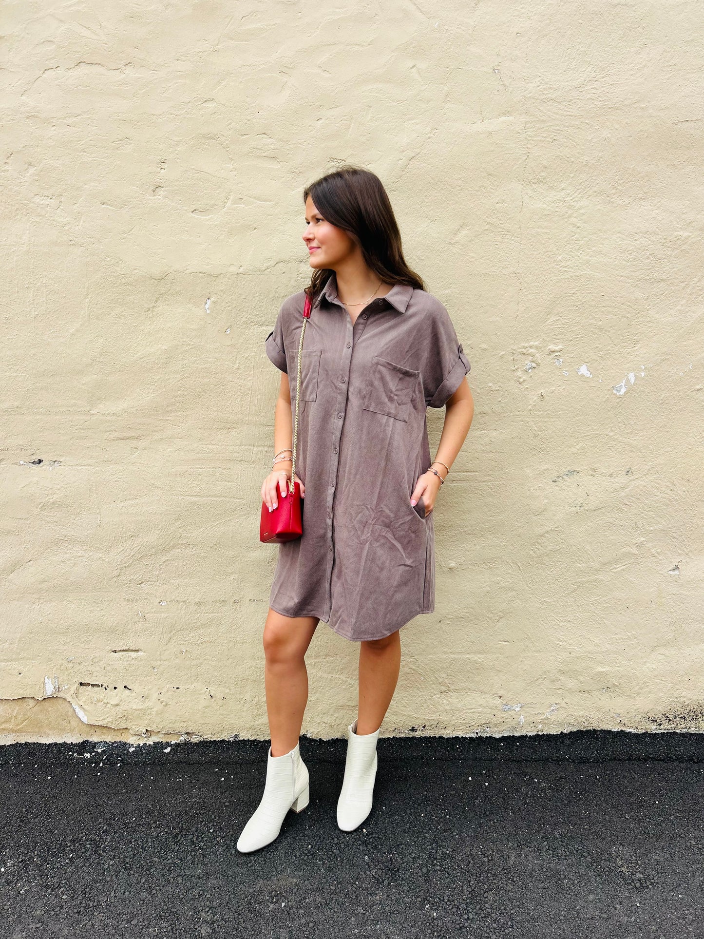 Suede Button Up Shirt Dress