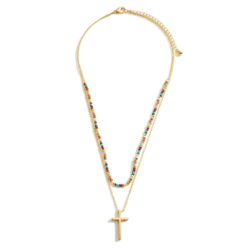 Layered Gold Cross Beaded Necklace