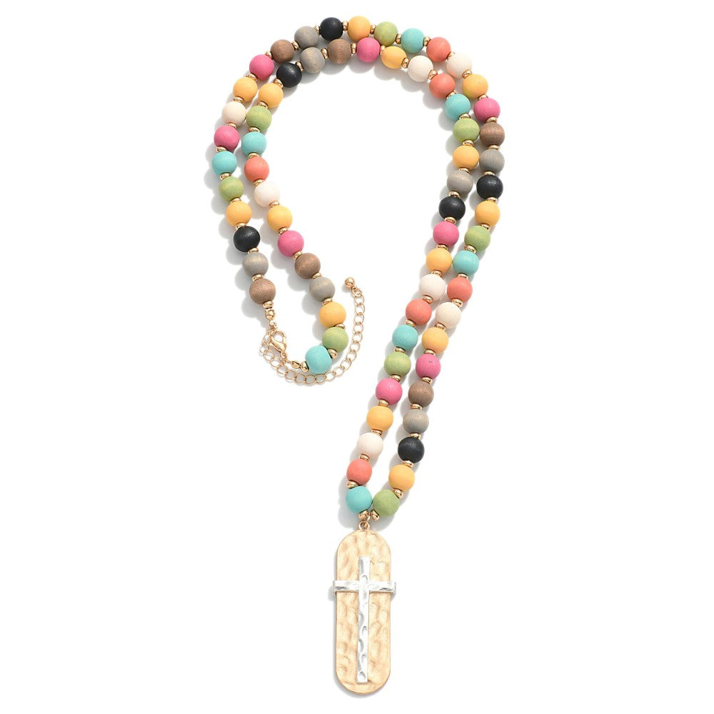 Wood Beaded Cross Necklace