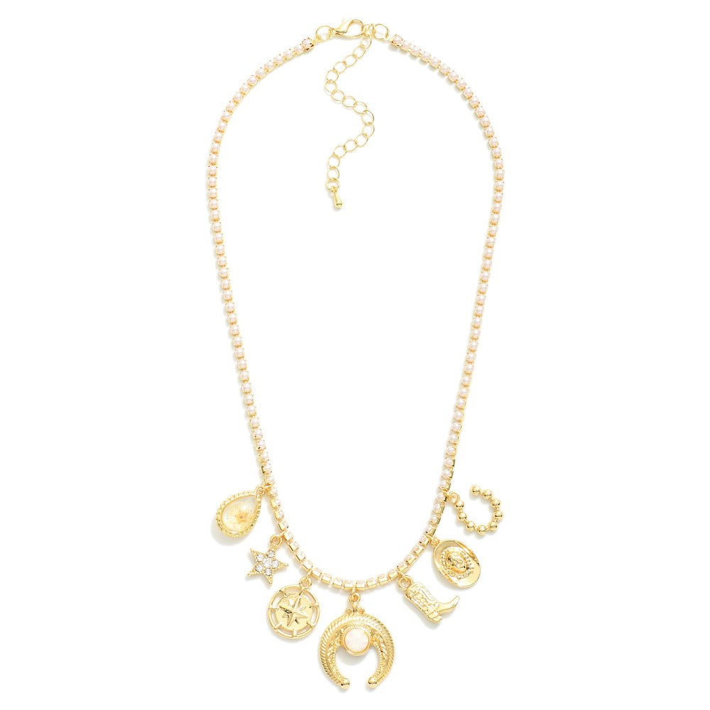 Gold Pearl Western Charm Necklace