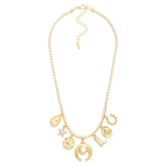 Gold Pearl Western Charm Necklace