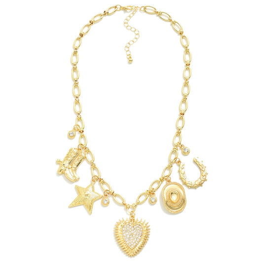 Gold Chain Link Western Rhinestone Charm Necklace