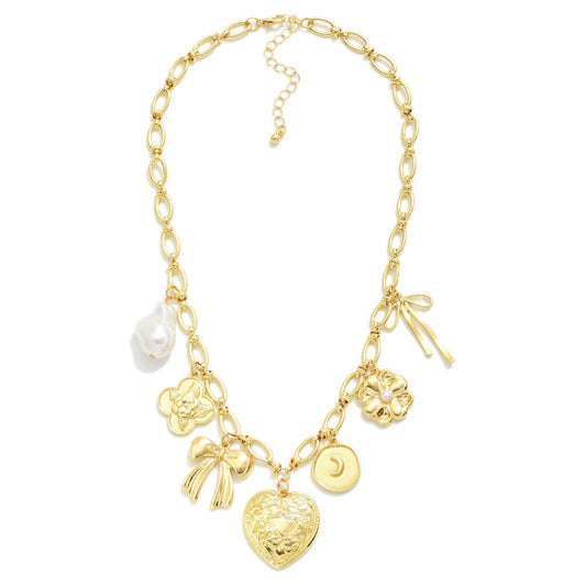 Gold Chain Link Bow Charm Necklace