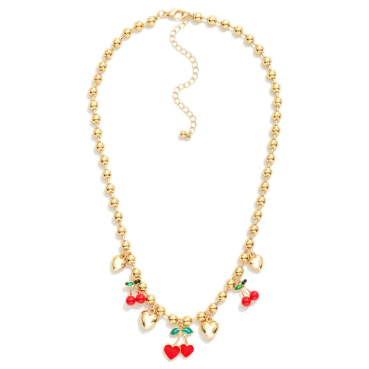 Gold Beaded Cherries & Hearts Charm Necklace