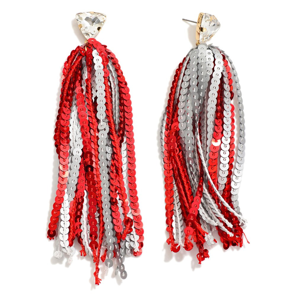 Long Sequin Tassel Game Day Drop Earrings With Rhinestone Stud Posts