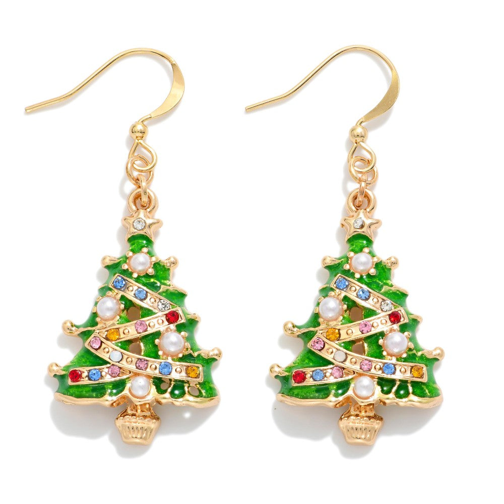 Rhinestone Pearl Christmas Tree Earrings