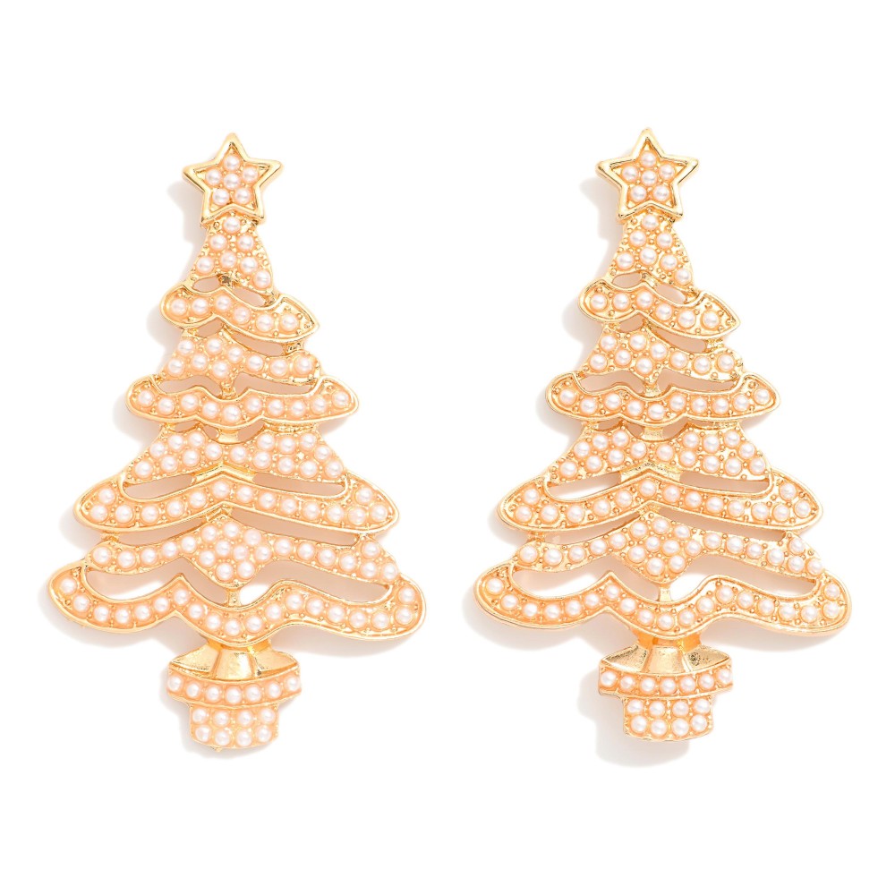 Gold Pearl Christmas Tree Earrings