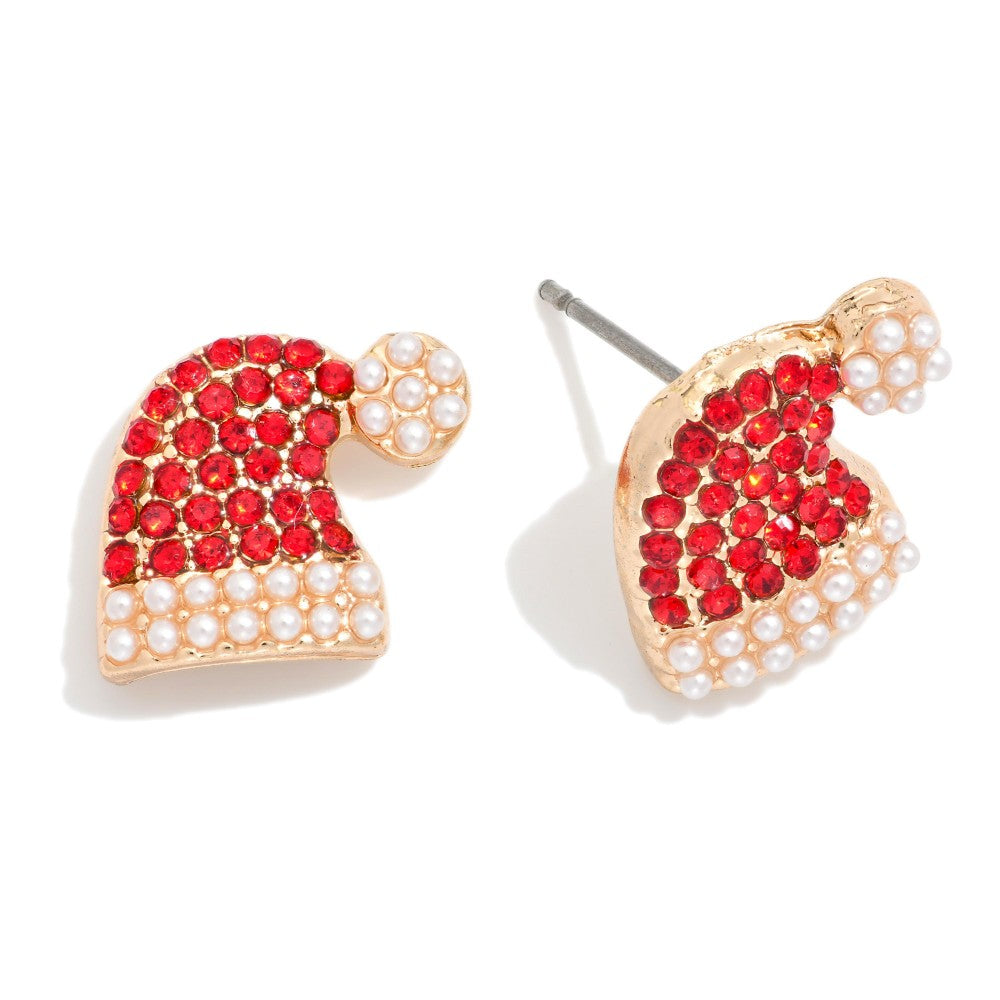 Rhinestone Pearl Santa Hat Earrings