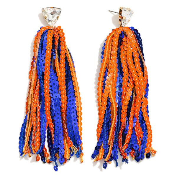 Long Sequin Tassel Game Day Drop Earrings With Rhinestone Stud Posts