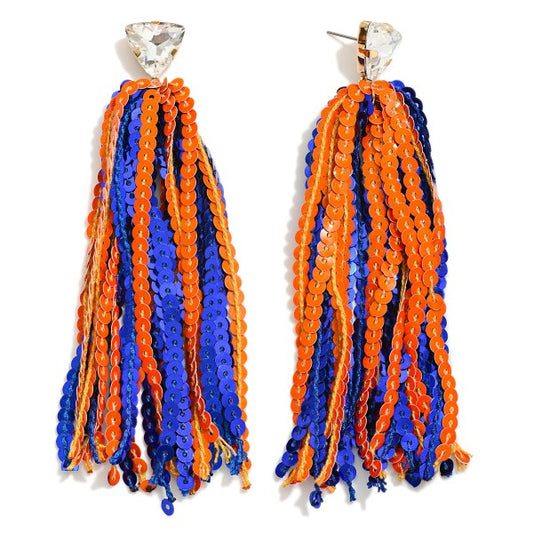 Long Sequin Tassel Game Day Drop Earrings With Rhinestone Stud Posts