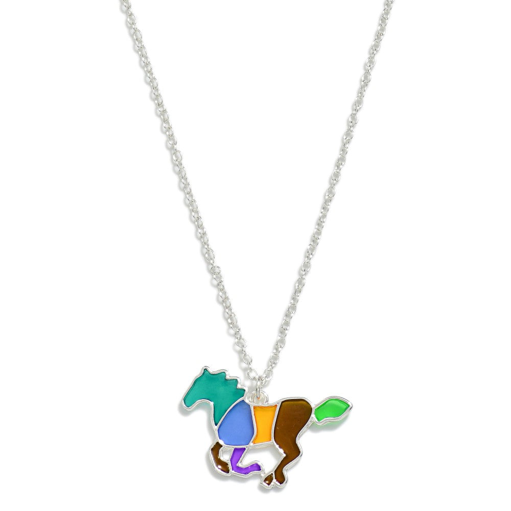 Layered Chain Link Necklace Featuring Stained Glass Running Horse Pendant