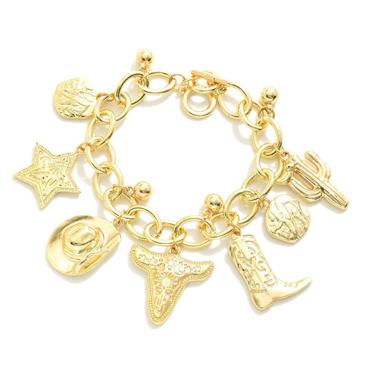 Gold Chain Link Western Charm Bracelet