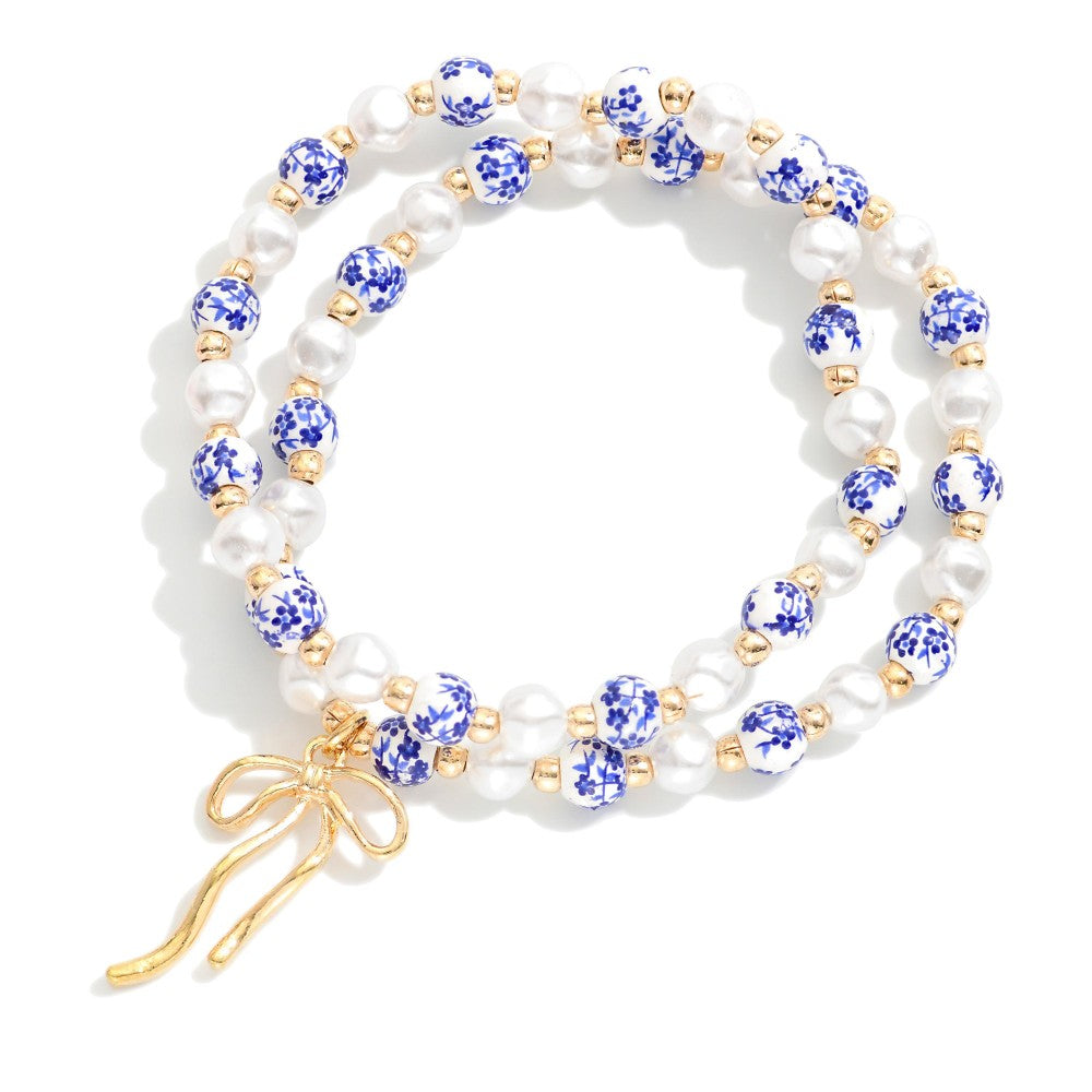 Bow Pearl & Chinoiserie Bracelet Set