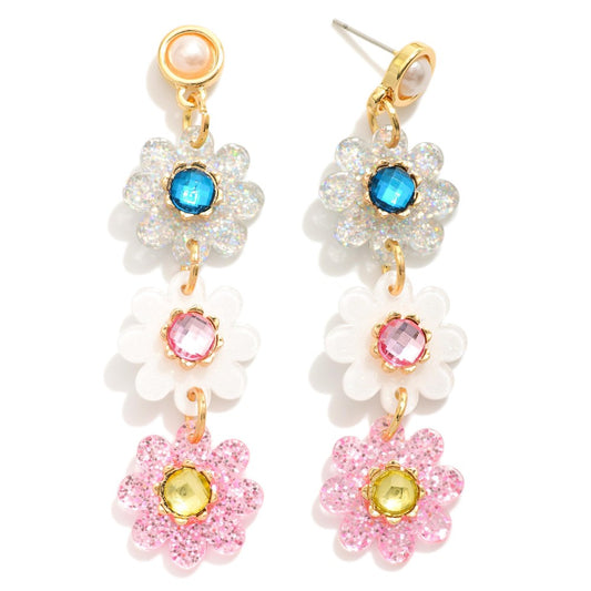 Linked Glitter Flower Drop Earrings
