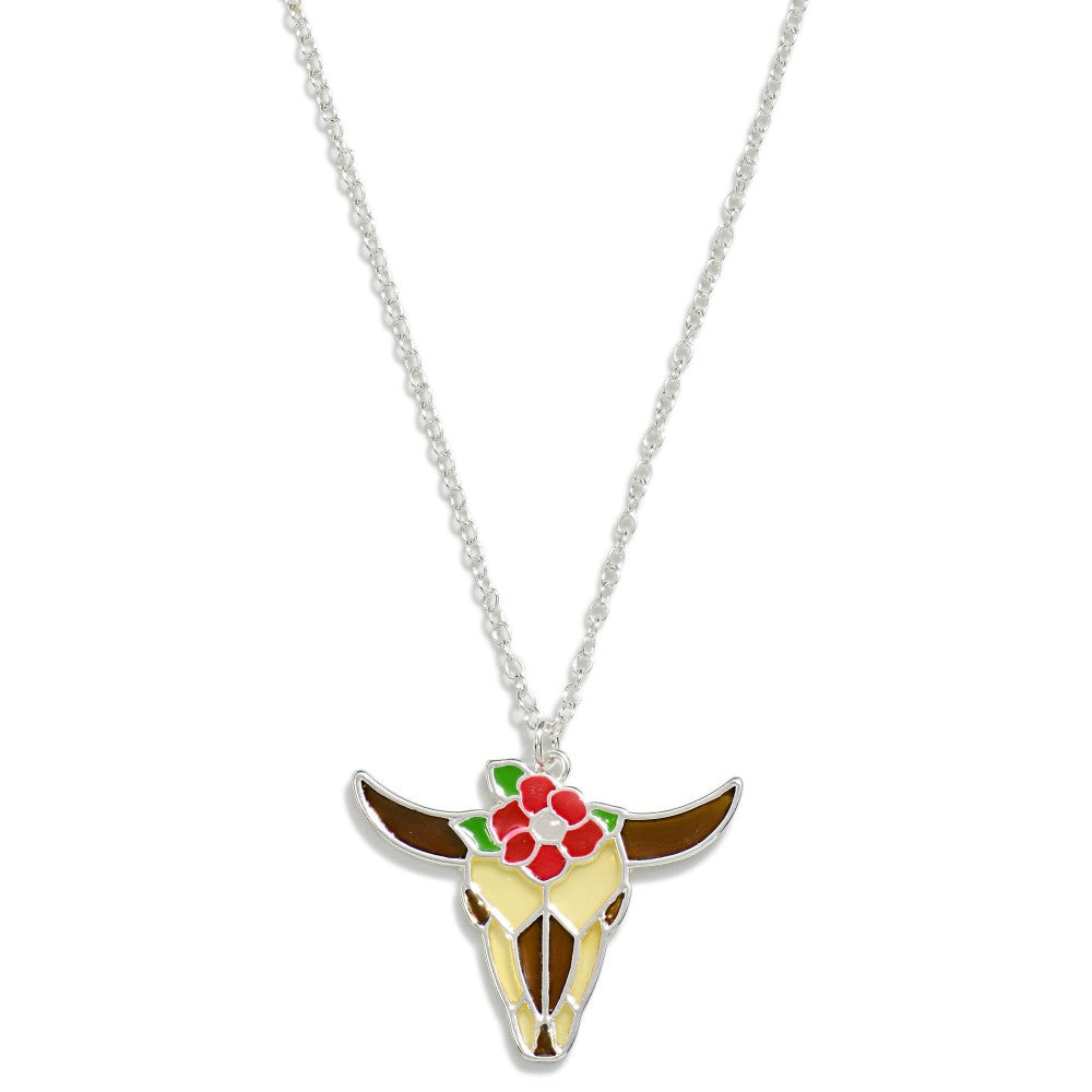 Layered Chain Link Necklace Featuring Stained Glass Cow Skull Flower Pendant