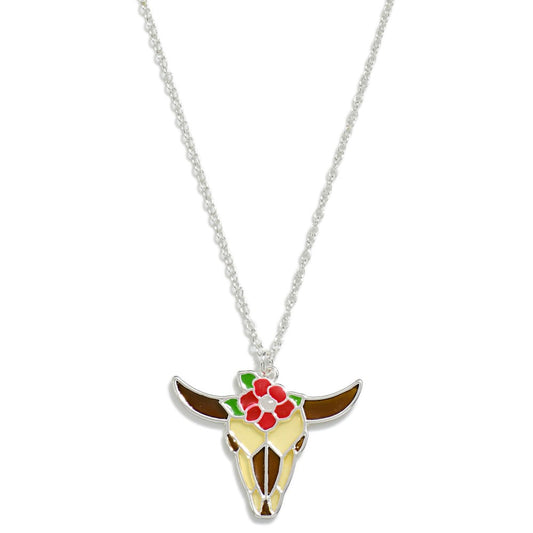 Layered Chain Link Necklace Featuring Stained Glass Cow Skull Flower Pendant