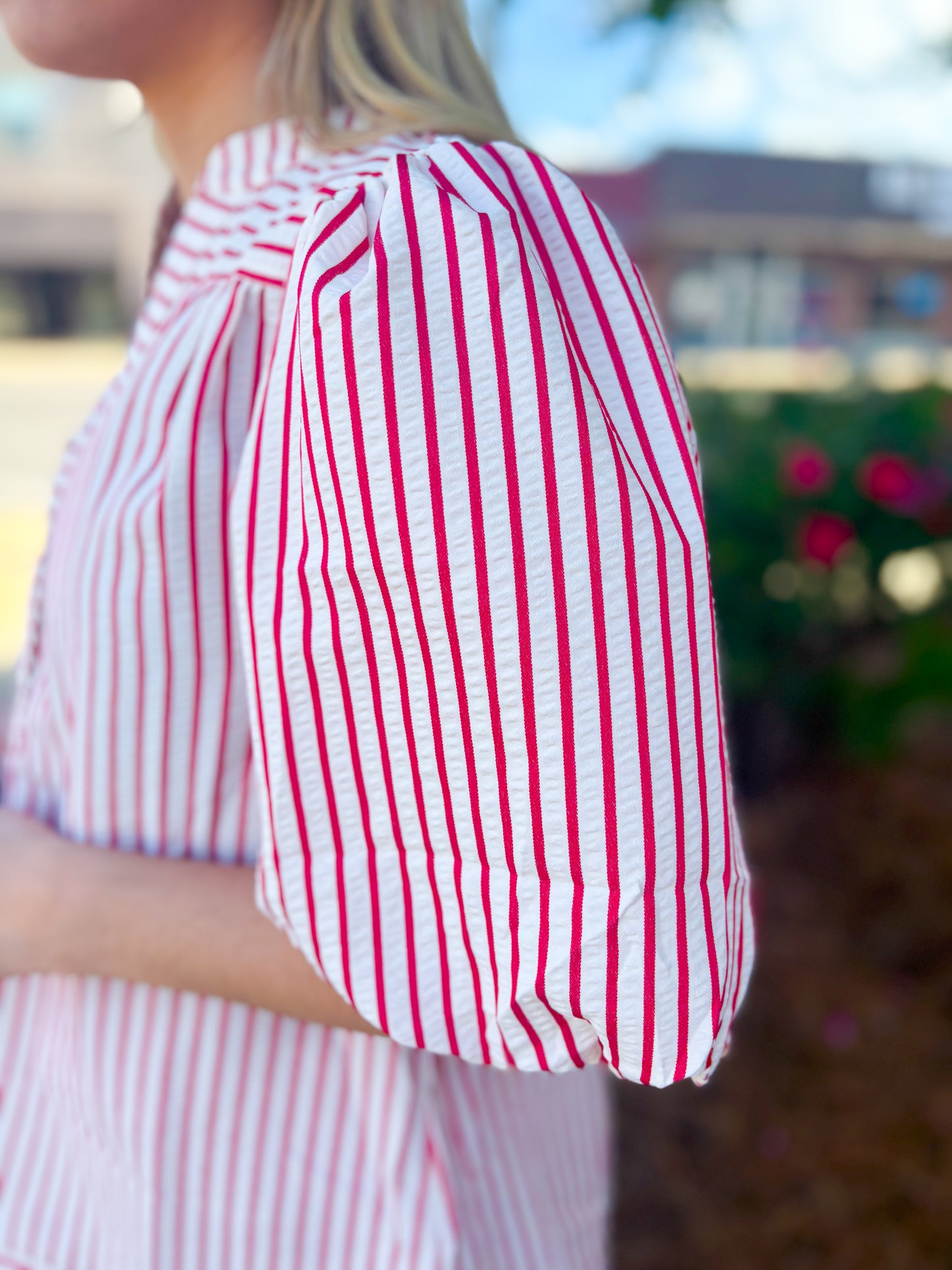 Red Striped Bubble Sleeve Top