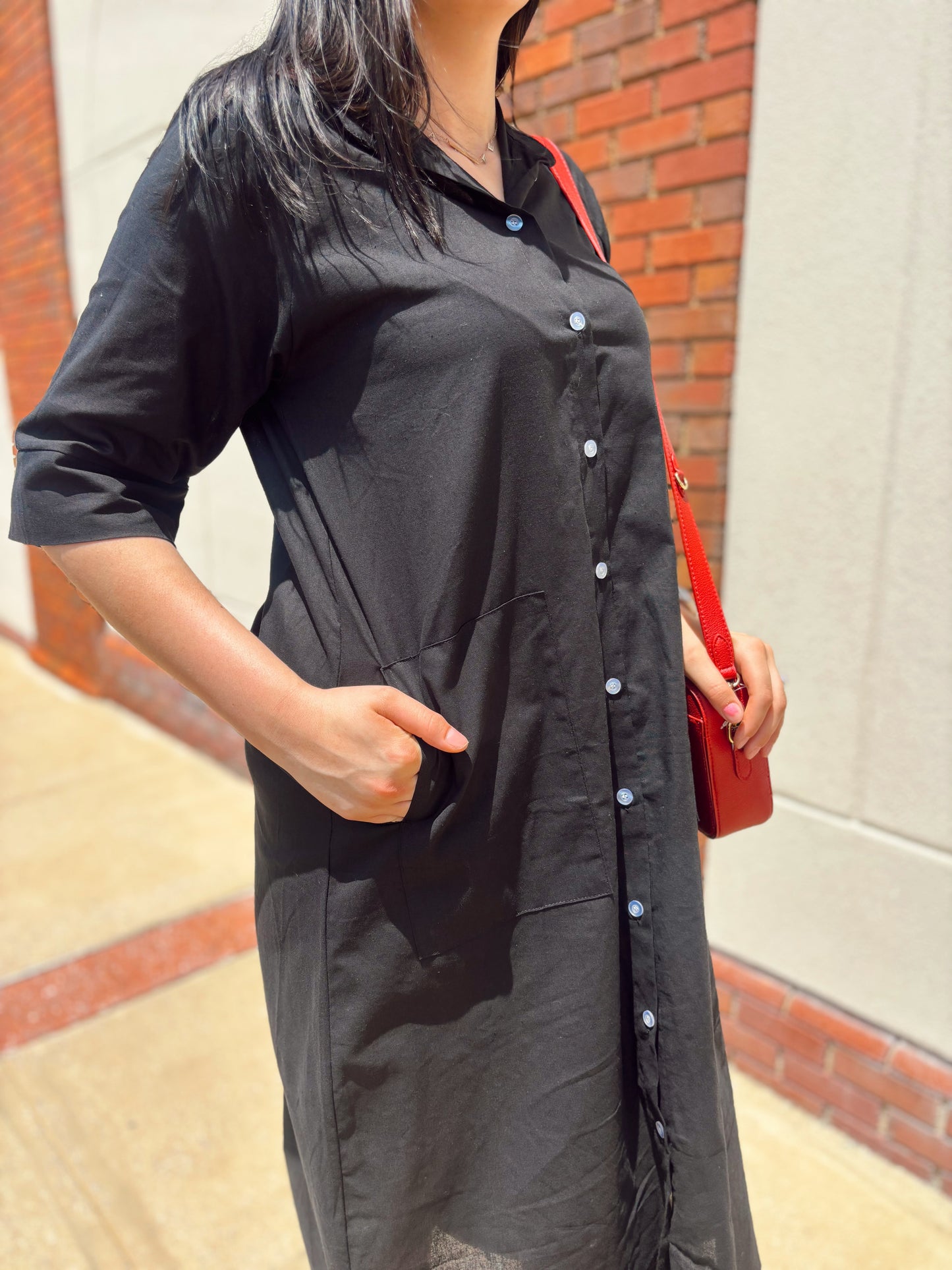 Black Linen Button Dress
