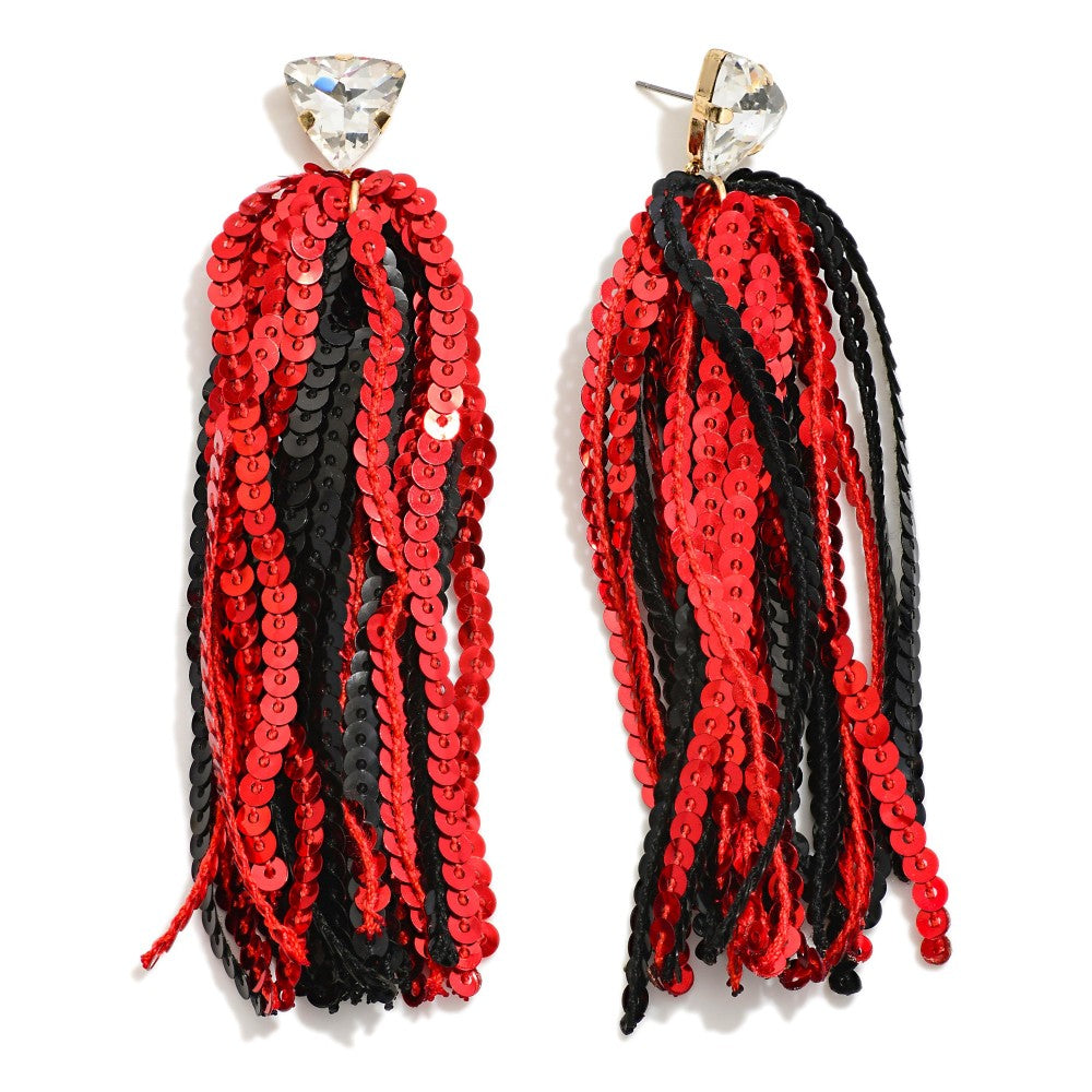 Long Sequin Tassel Game Day Drop Earrings With Rhinestone Stud Posts