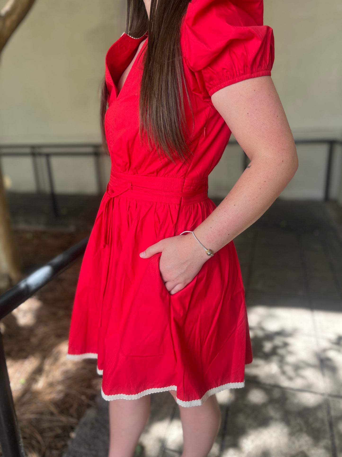 V Neckline Belted Waist Puff Sleeve Red Dress