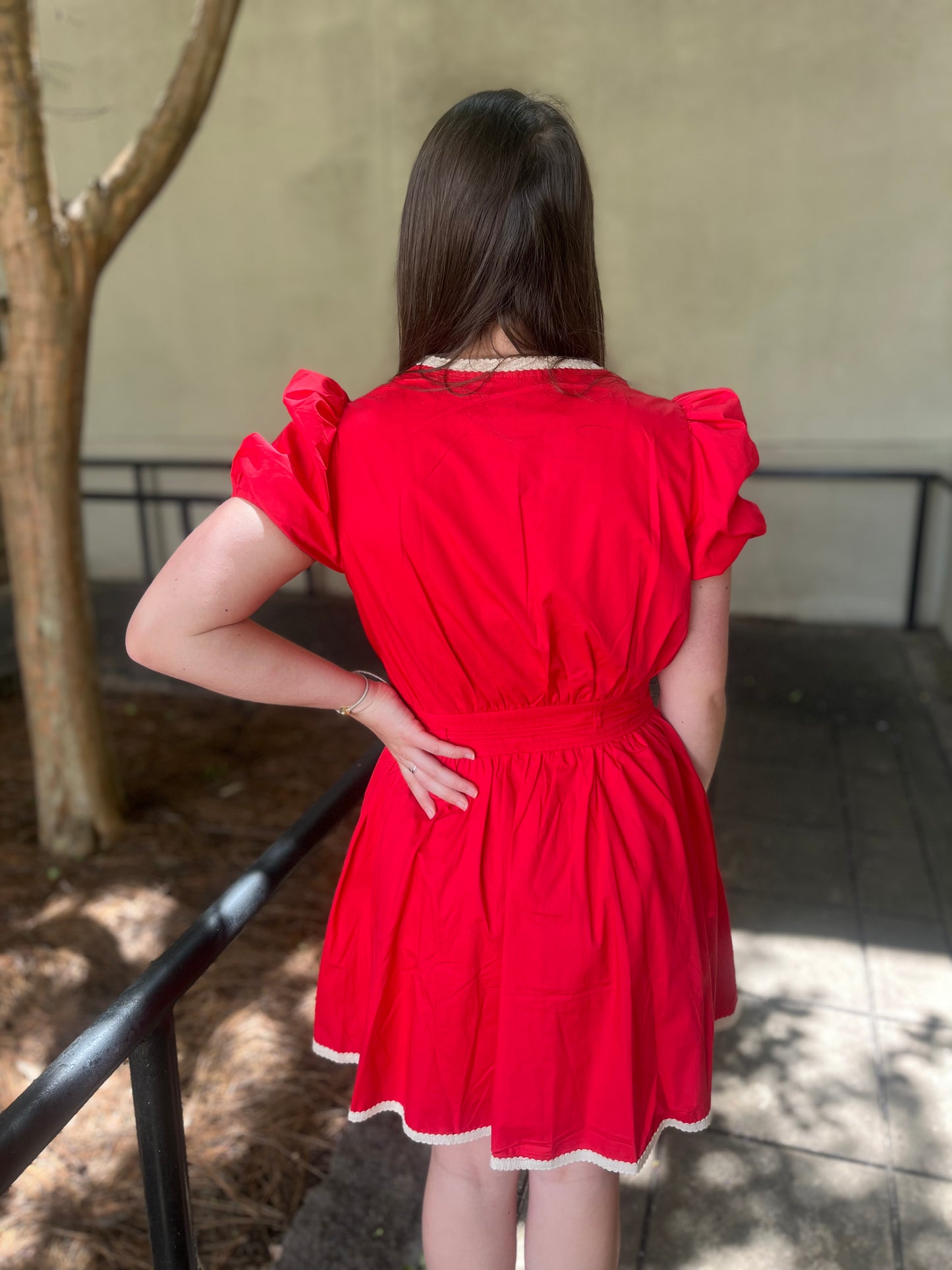 V Neckline Belted Waist Puff Sleeve Red Dress