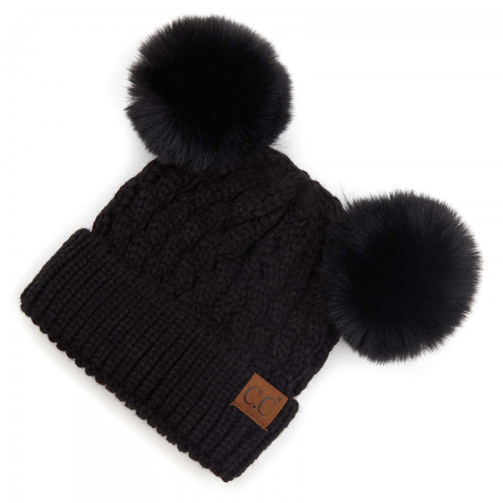 Cable Knit Double Pom Beanie