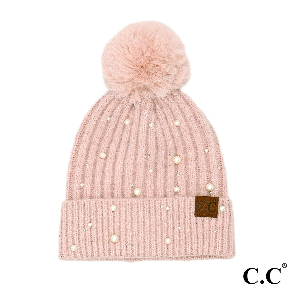 Pearl Embellishments Pom Beanie Hat