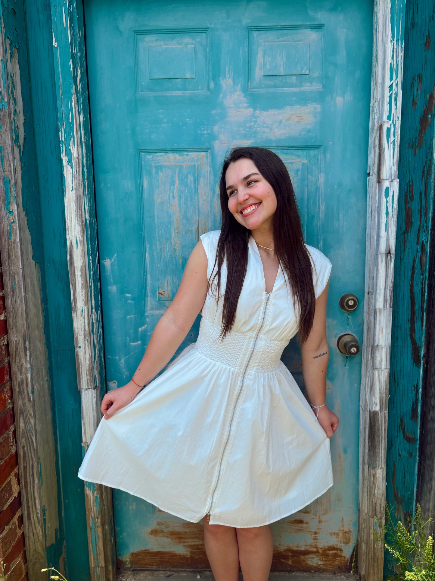 White Smocked Zipper Dress