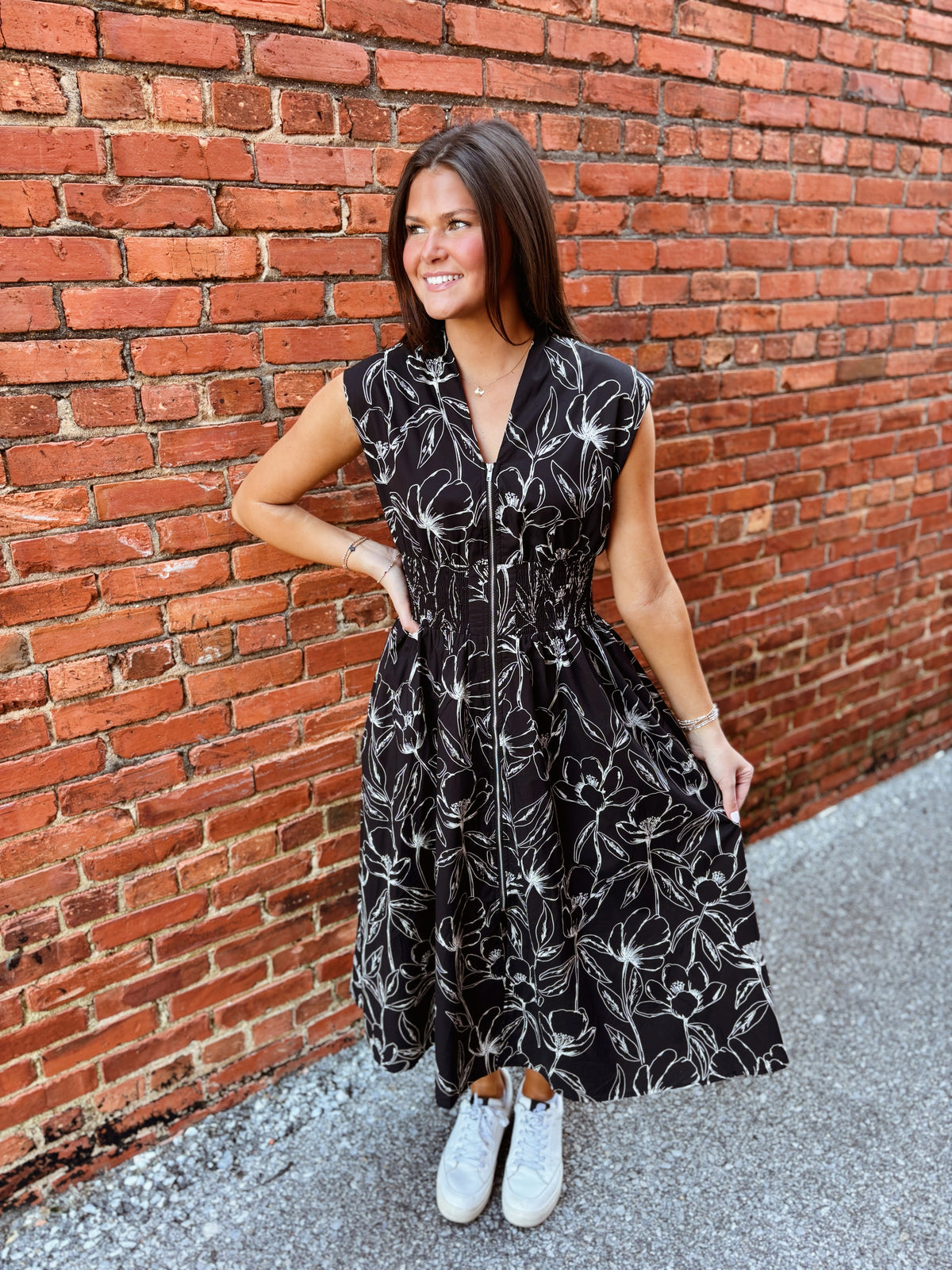Black Smocked Zipper Dress