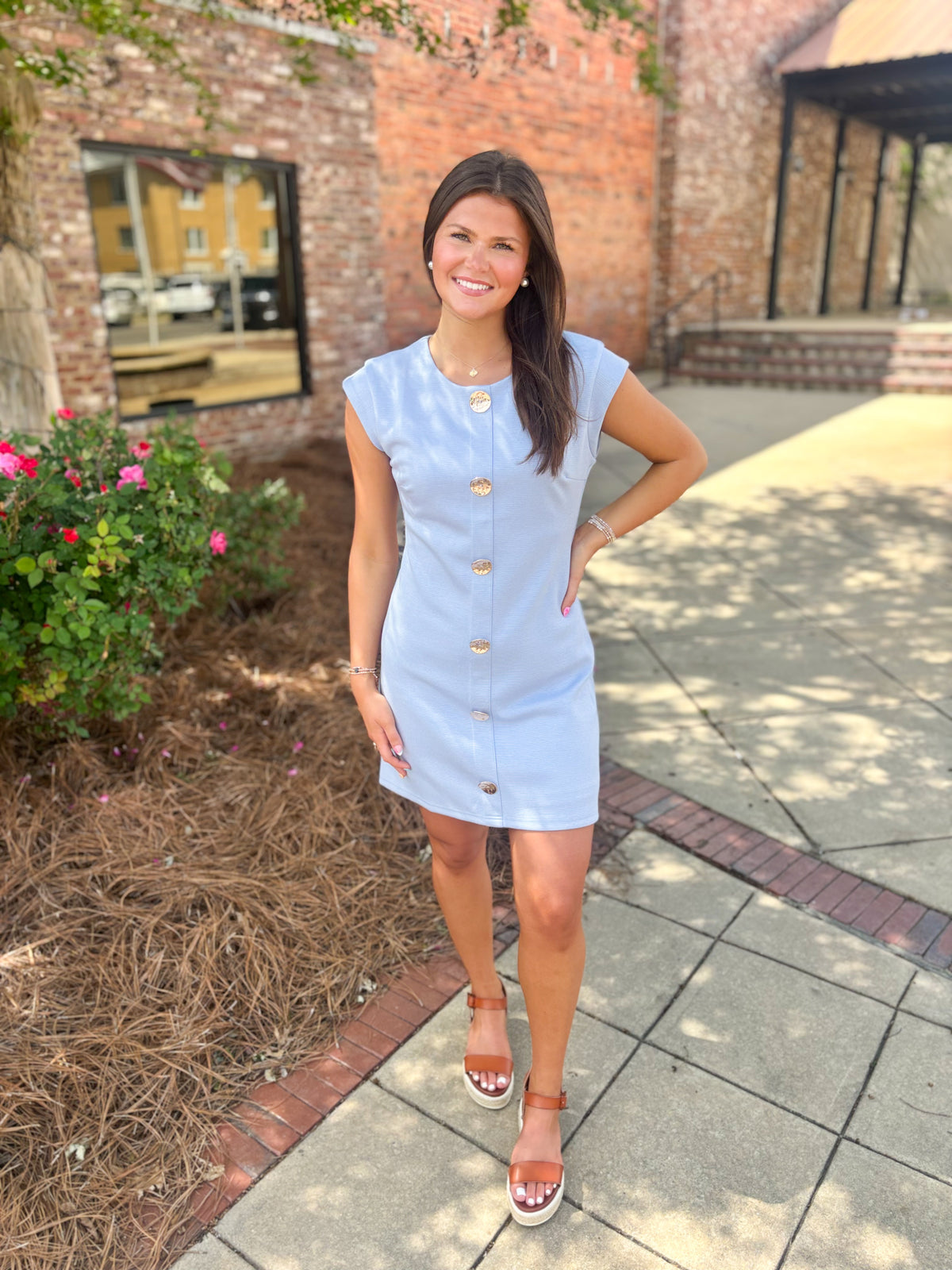Blue Knit Button Down Mini Dress
