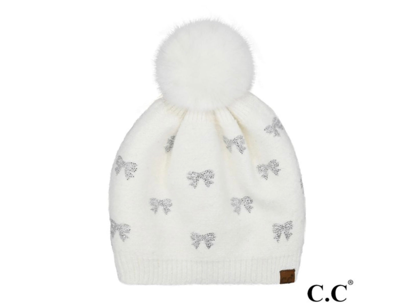 Allover Rhinestone Mini Bow Pom Beanie