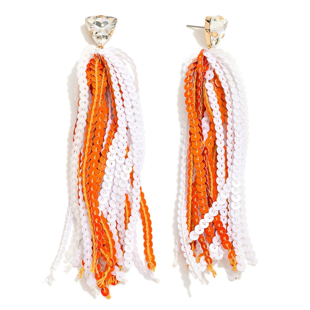 Long Sequin Tassel Game Day Drop Earrings With Rhinestone Stud Posts