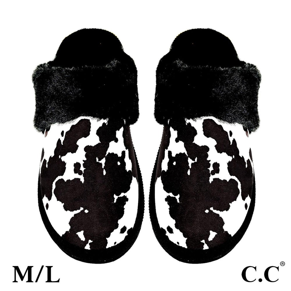 Cow Print Faux Fur Slippers