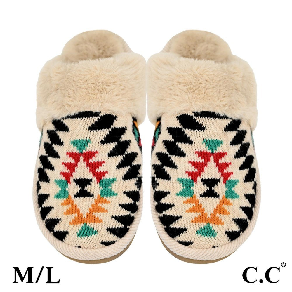 Knit Aztec Pattern Slippers With Faux Fur Cuff