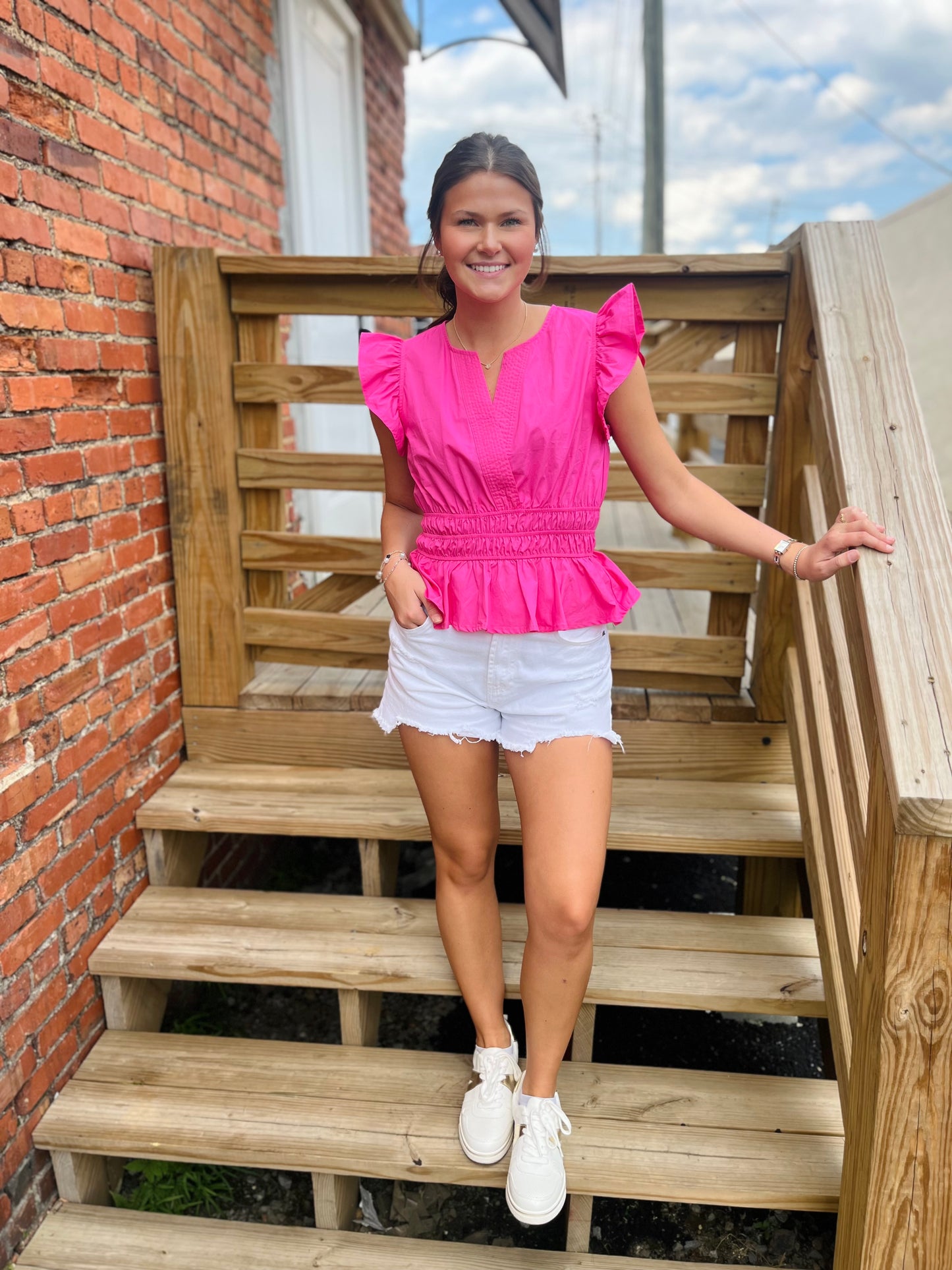 Pink Elastic Ruffle Sleeve Top