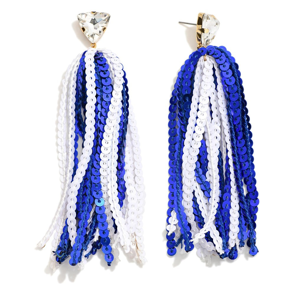 Long Sequin Tassel Game Day Drop Earrings With Rhinestone Stud Posts