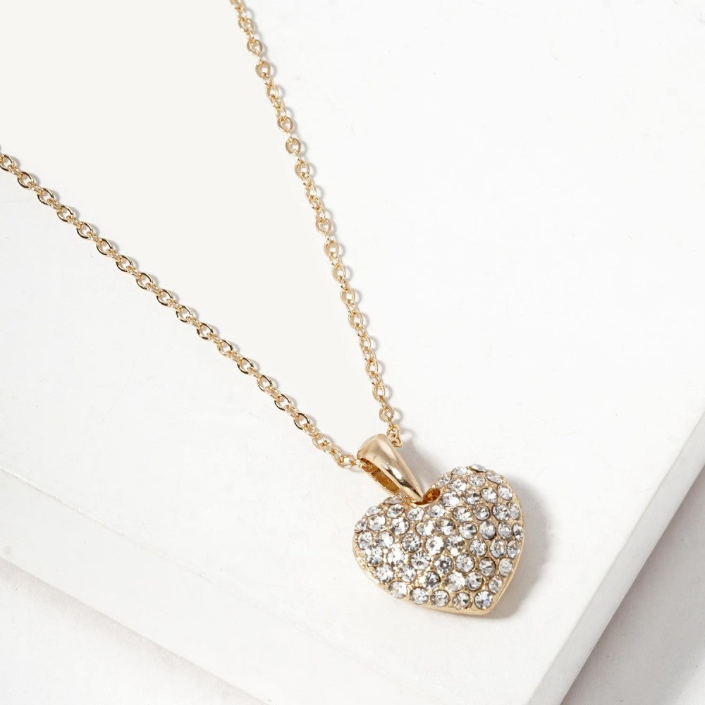 Chain Link Puffy Rhinestone Heart Necklace