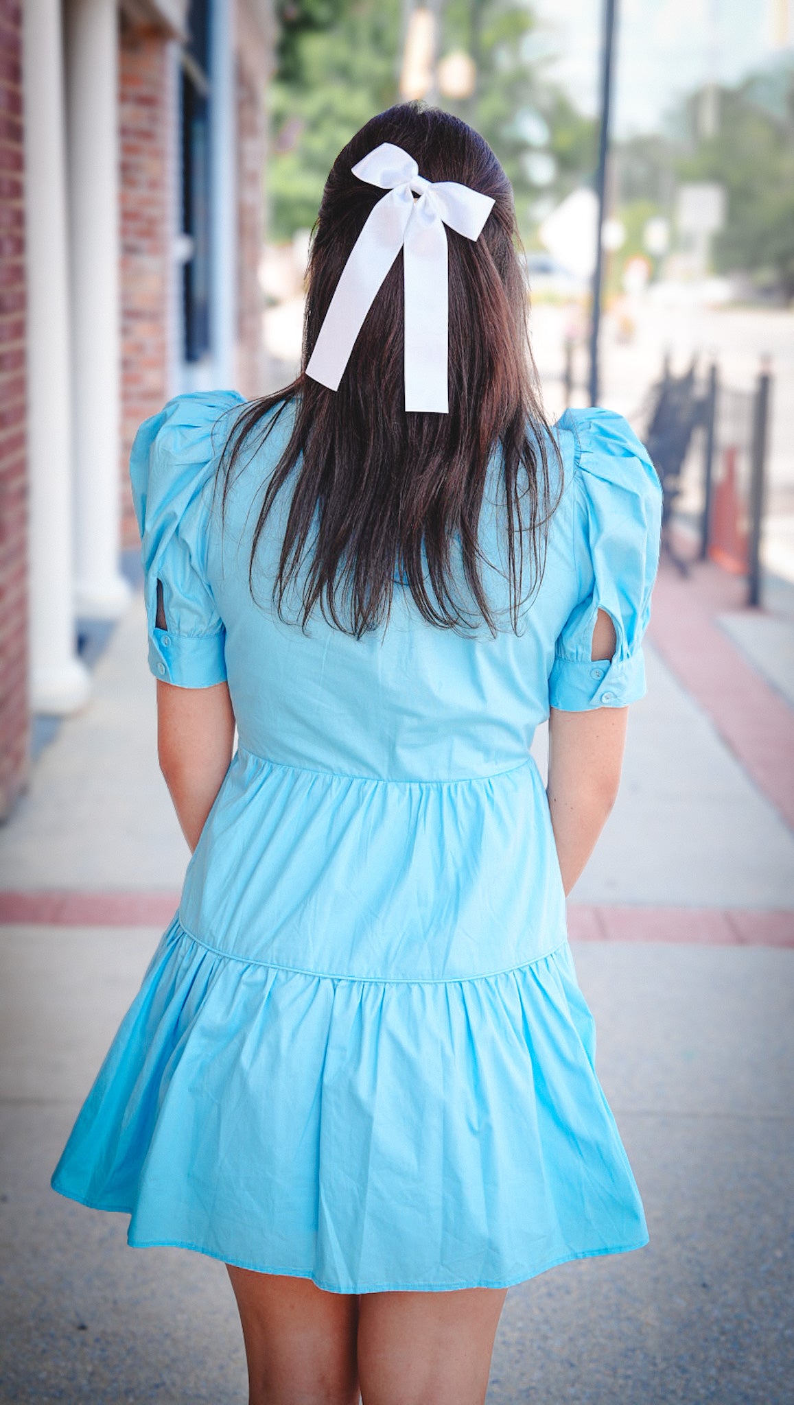 Poplin Collared V Neckline Waist Bow Dress