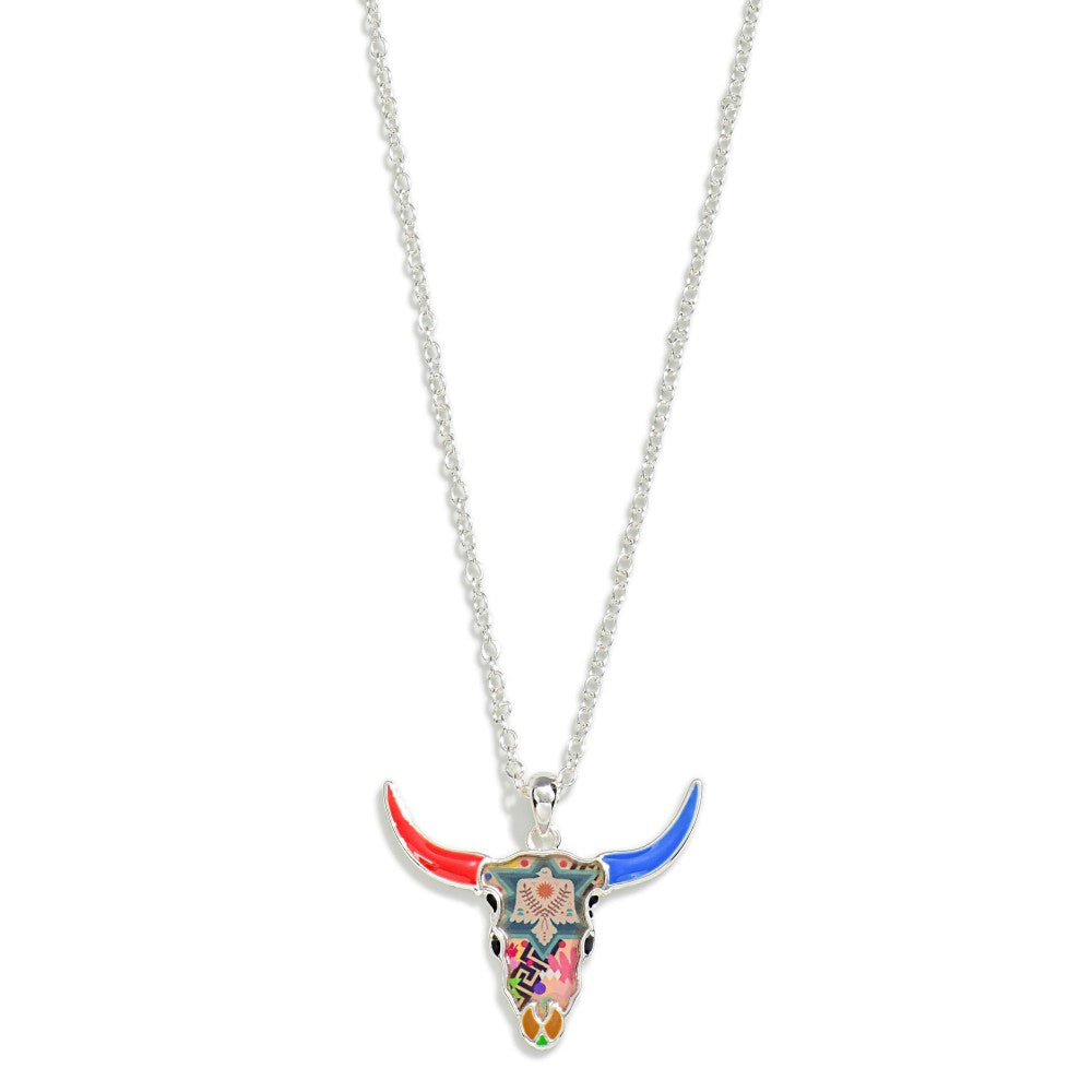 Layered Silver Chain Link Necklace Featuring Colorful Western Cow Skull Pendant