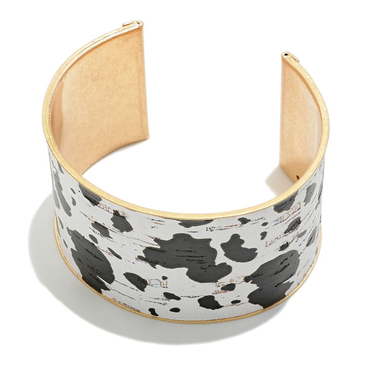 Gold Tone Cuff Bracelet With Cow Print Cork Overlay