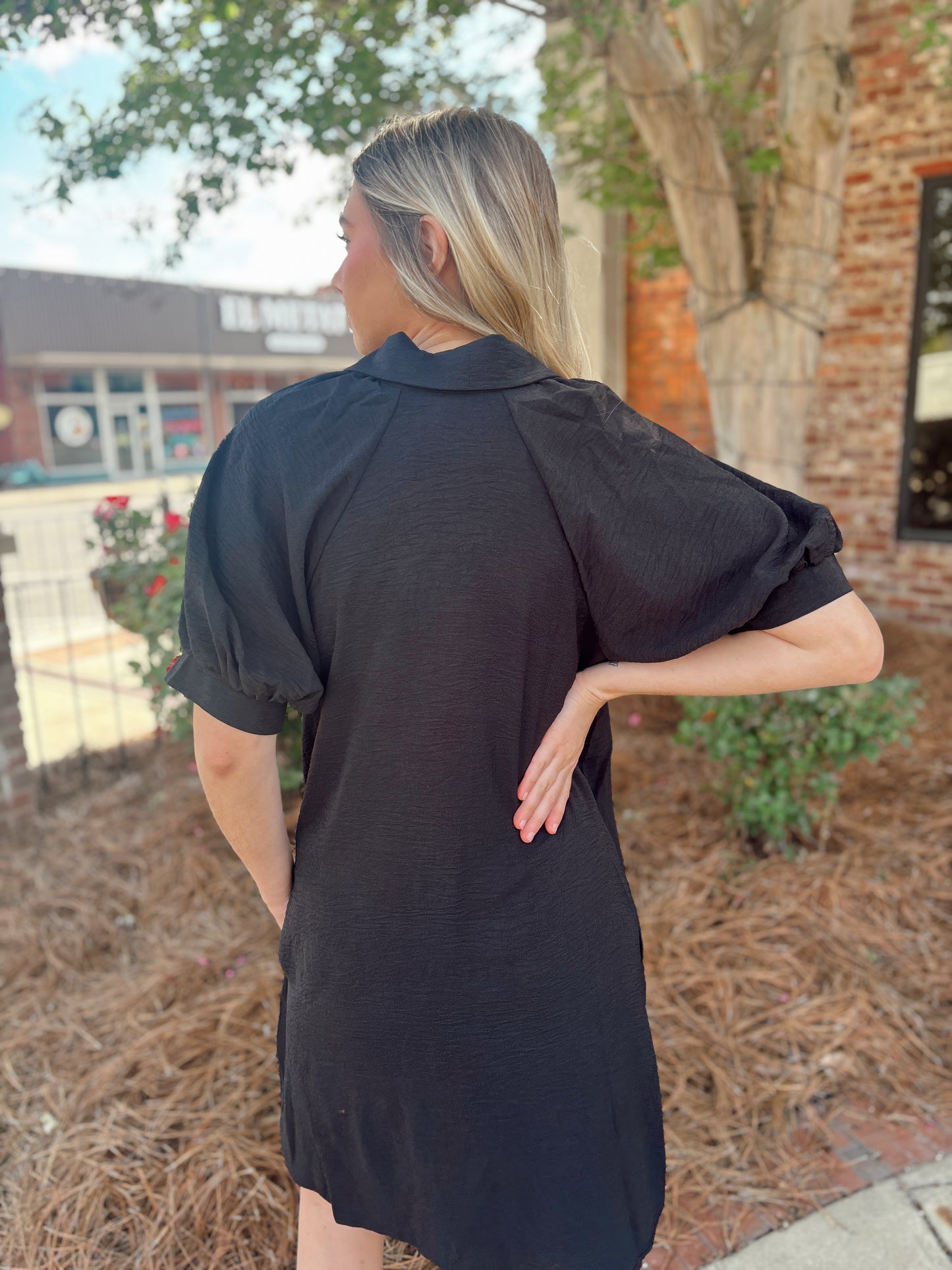Black Woven Button Down Mini Dress