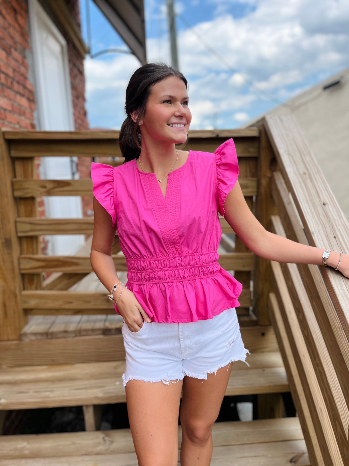 Pink Elastic Ruffle Sleeve Top