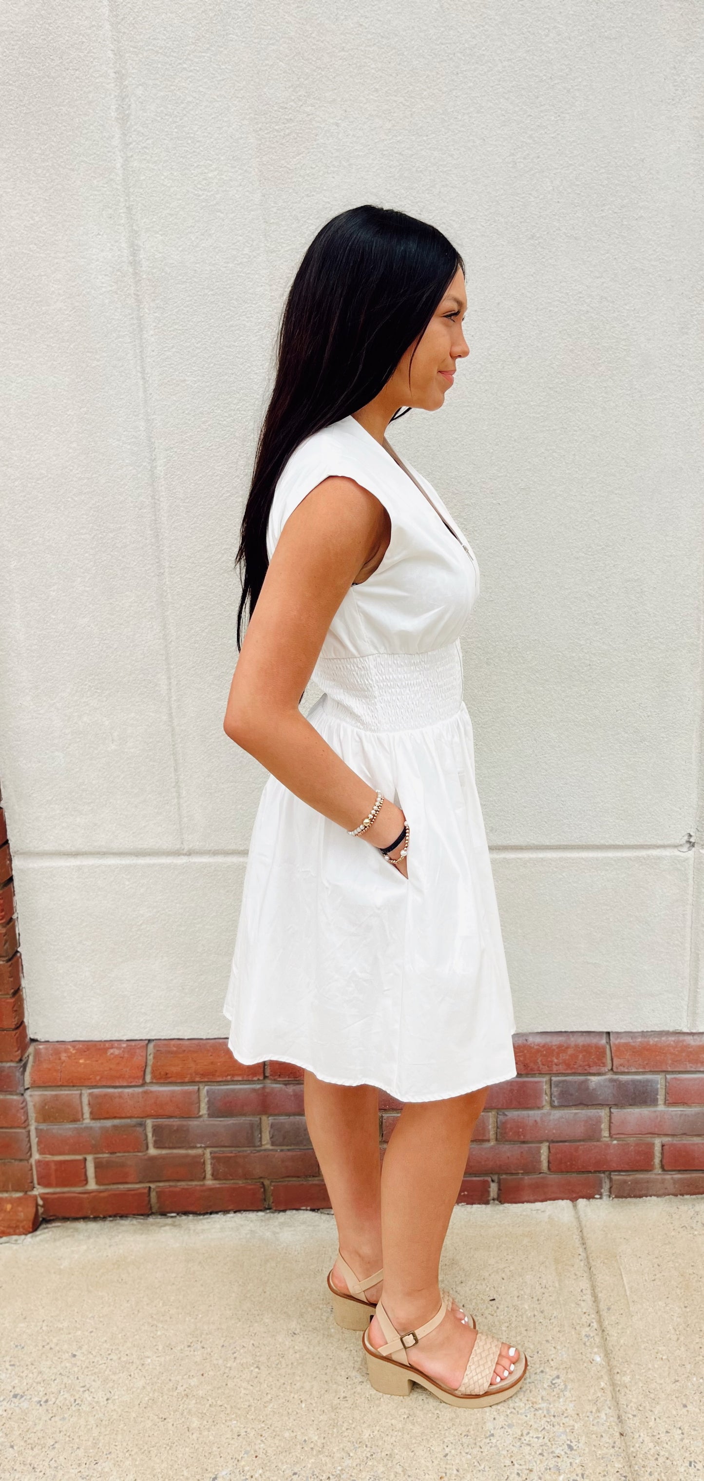 White Smocked Zipper Dress