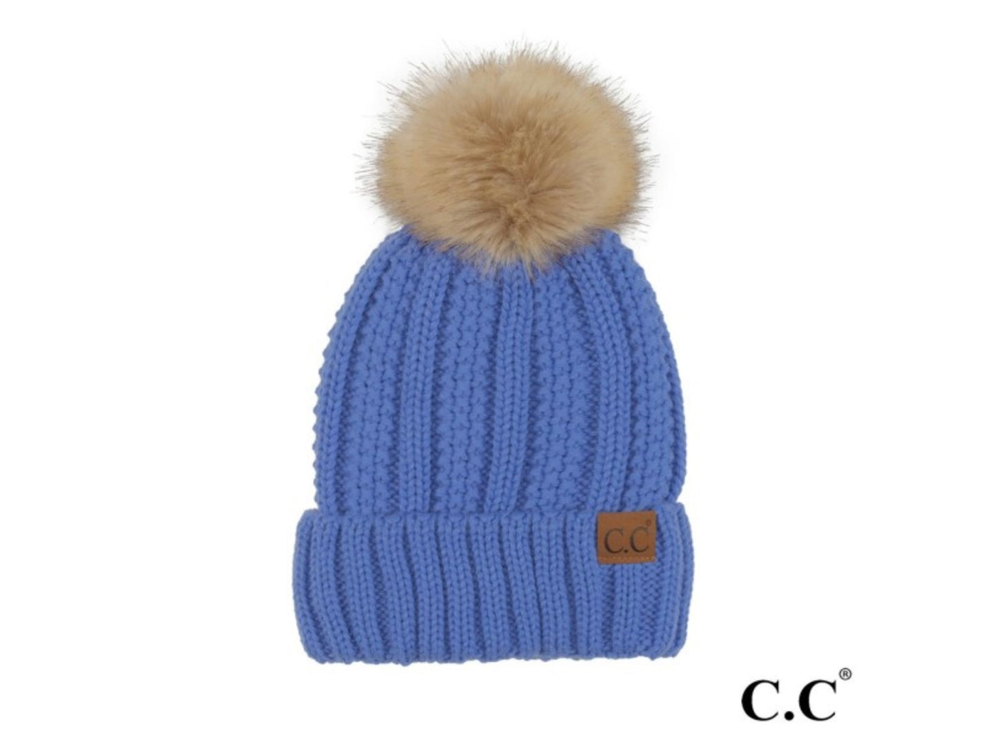 Fuzzy Lined Knit Beanie With Faux Fur Pom