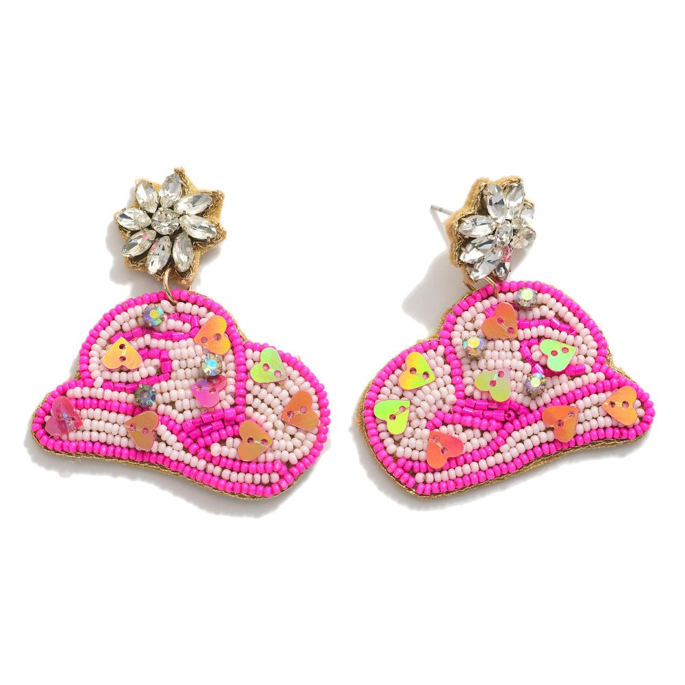Seed Bead and Rhinestone Cowboy Hat Drop Earrings