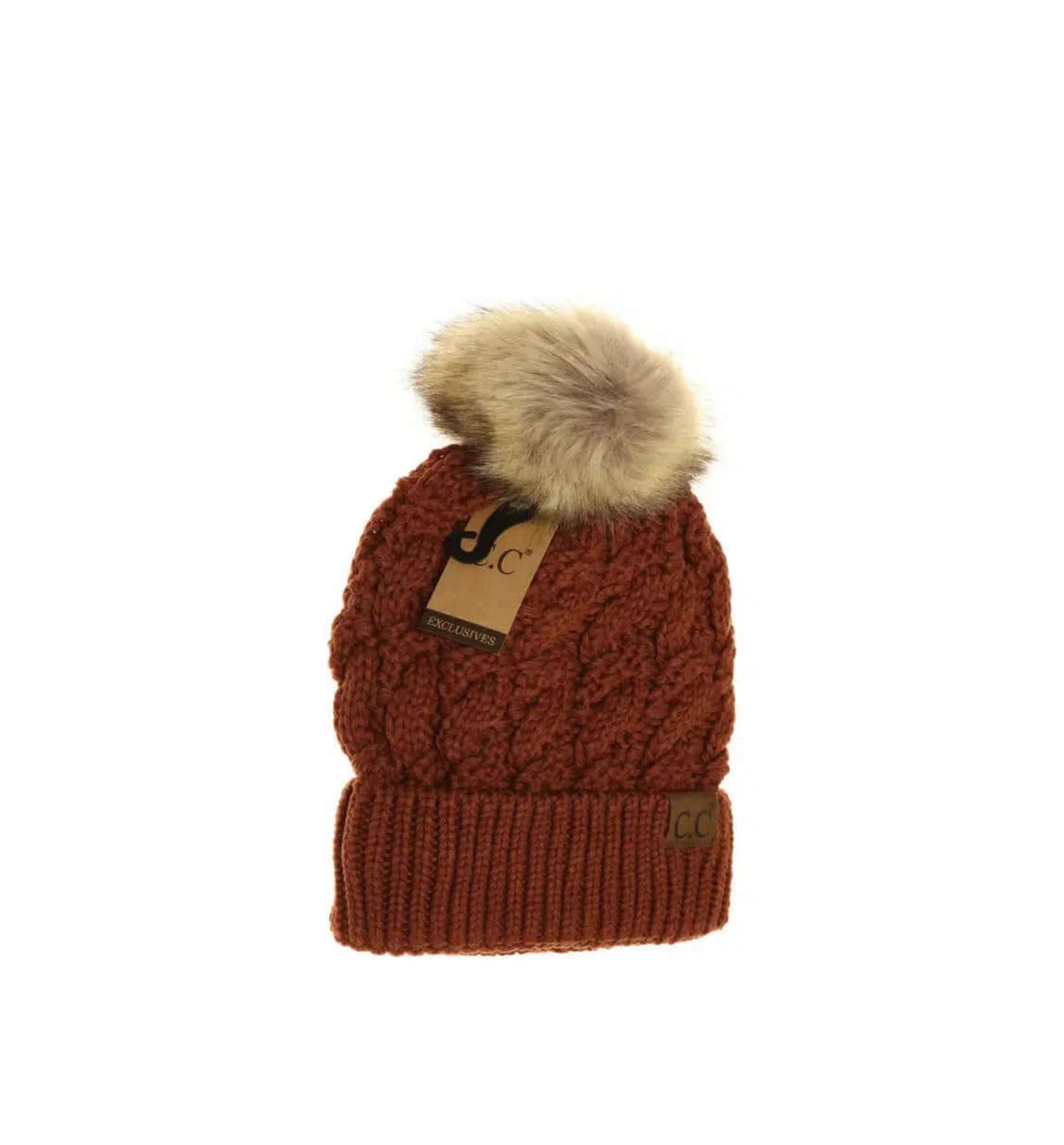 Ribbed Cable Knit Fur Pom Beanie
