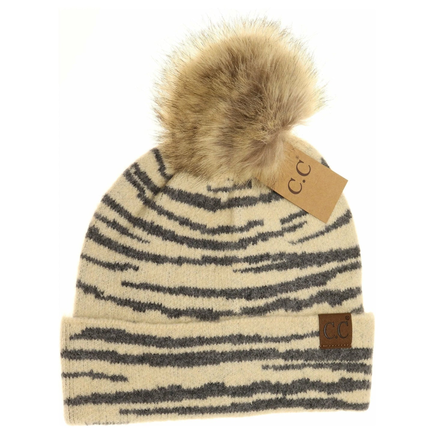 Zebra Pattern Faux Fur Pom Beanie