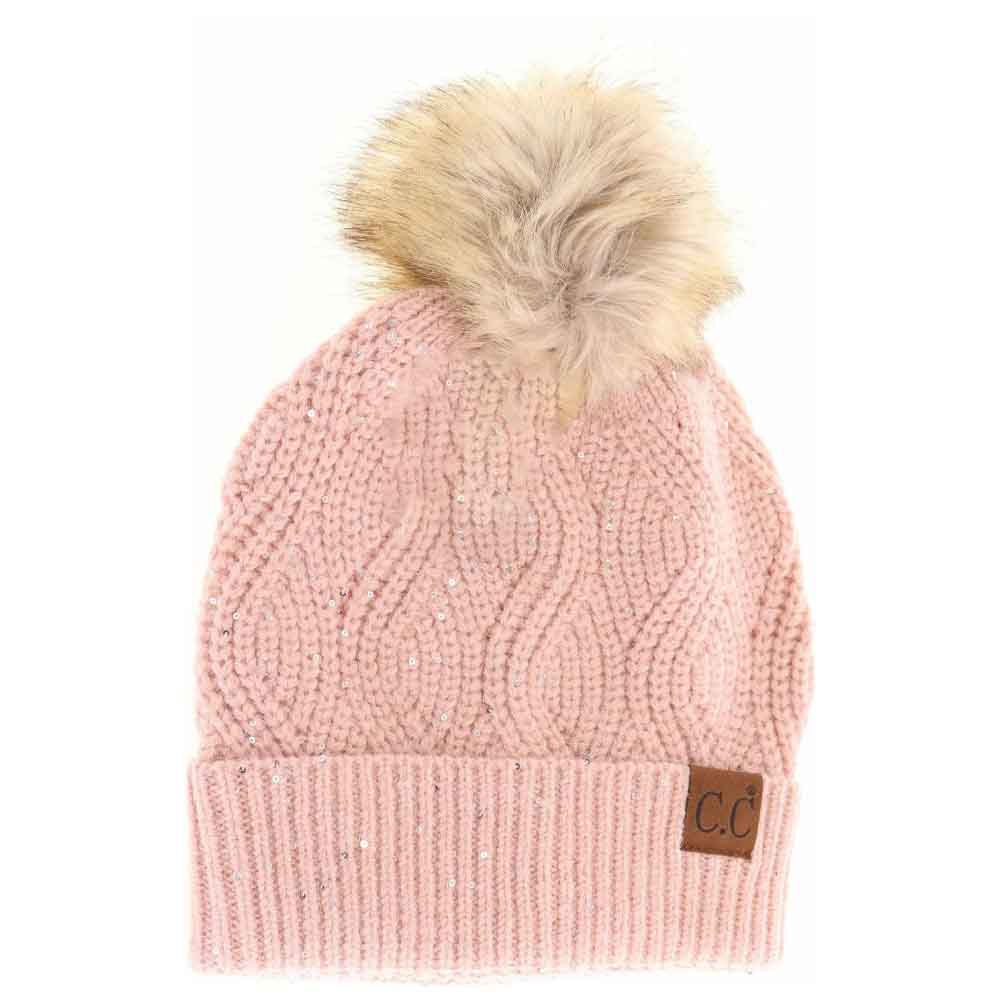 Sequin Brioche Cable Knit Fur Pom